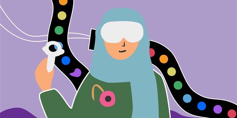 Bodies in X header graphic. Person in headscarf with VR headset and LED strips in the background.